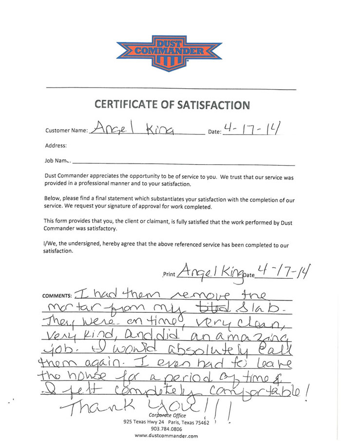 DustCommander Testimonial from Angel K. in Wylie, TX