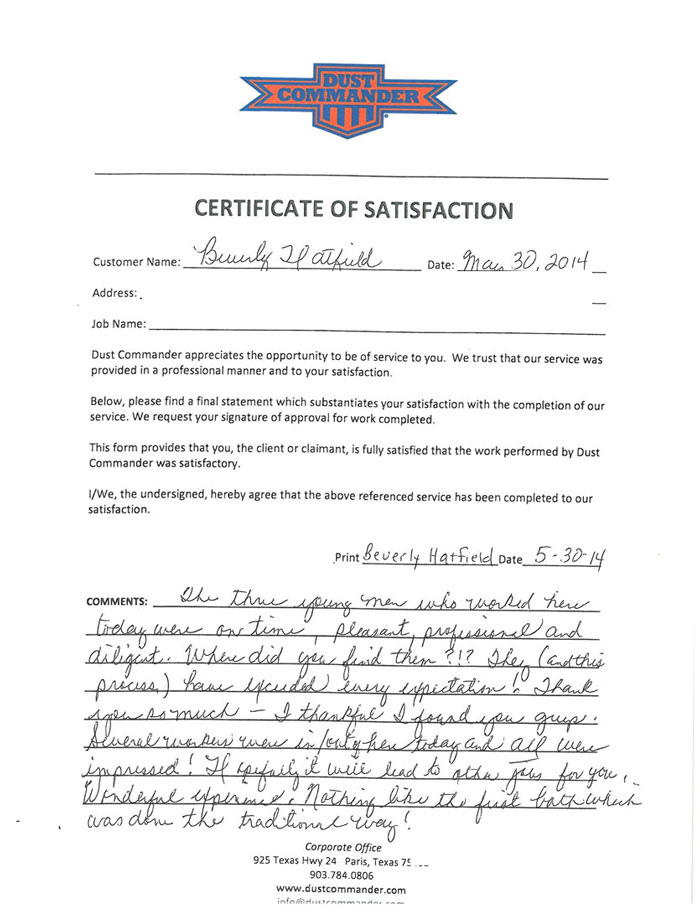 a PDF scan of the handwritten testimonial from the customer