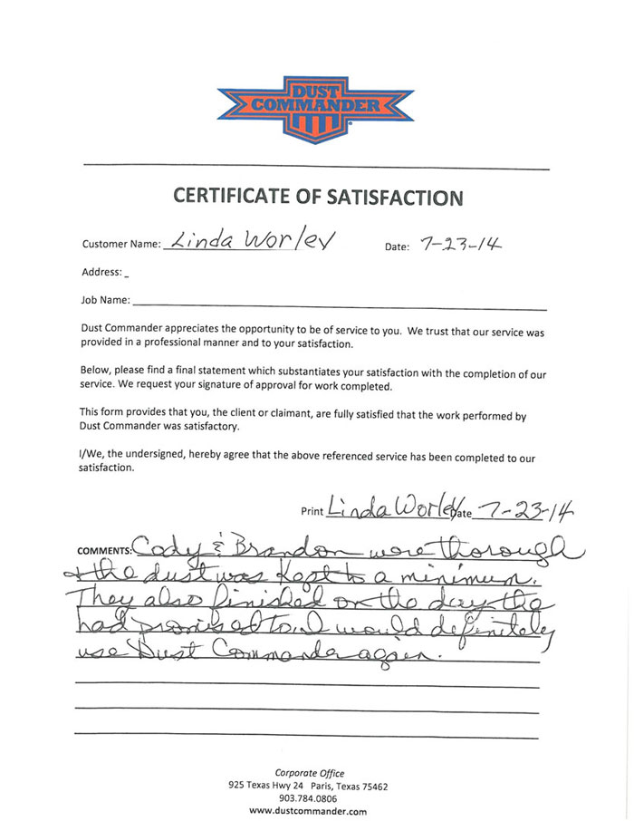 DustCommander Testimonial from Linda W. in Fairview, TX