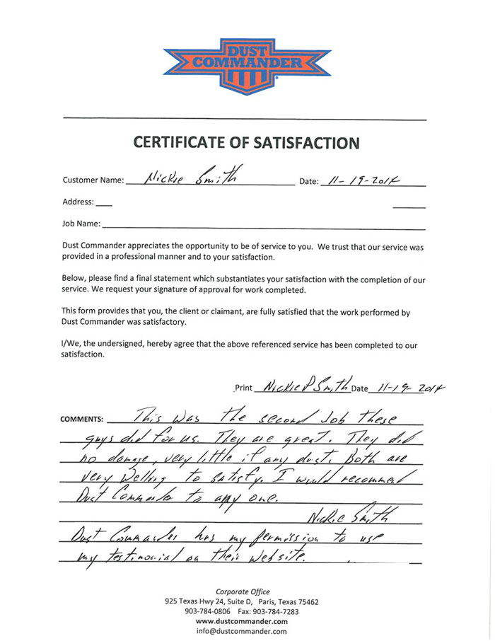 a PDF scan of the handwritten testimonial from the customer