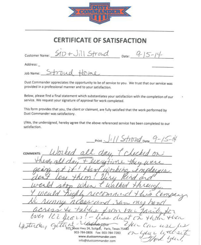 a PDF scan of the handwritten testimonial from the customer