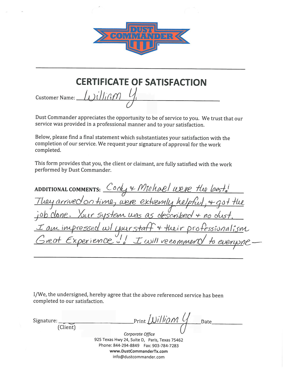 Dust Commander testimonial from a satisfied client.